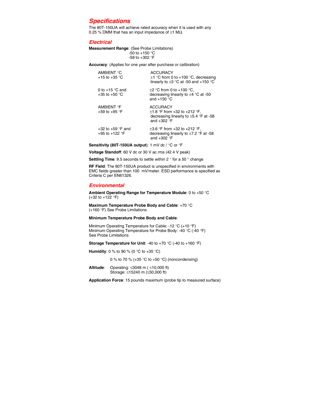 Fluke instruction sheet Specifications, Electrical, Environmental, Sensitivity 80T-150UA output 1 mV dc / C or F 