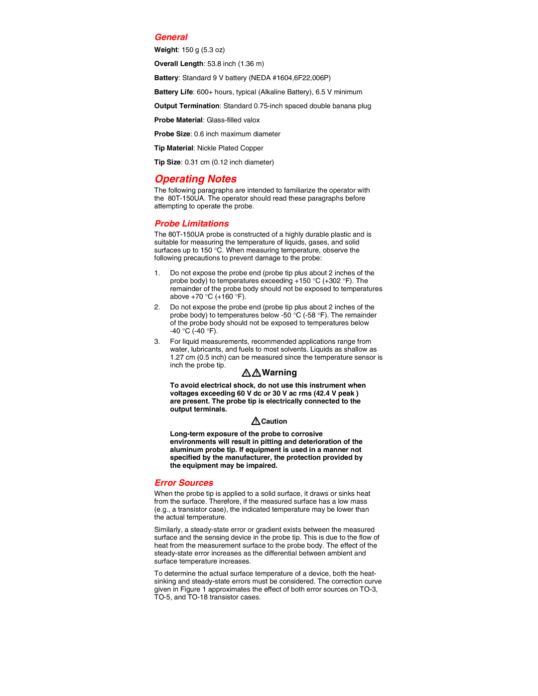 Fluke 80T-150UA instruction sheet Operating Notes, General, Probe Limitations, Error Sources 