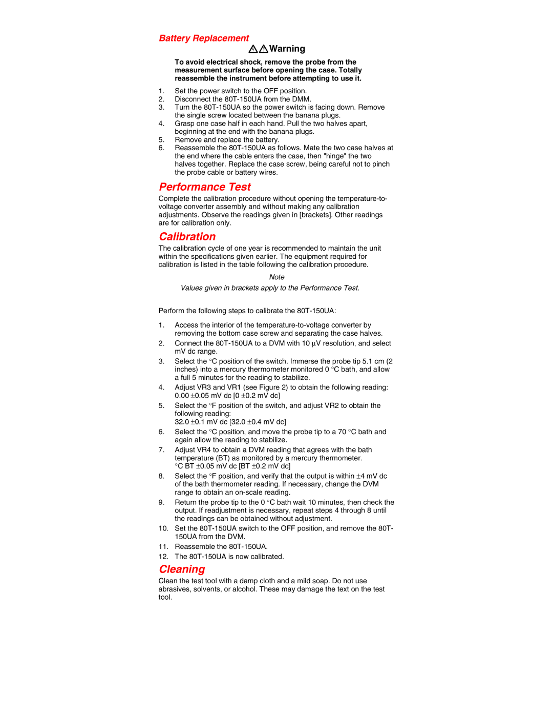 Fluke 80T-150UA instruction sheet Performance Test, Calibration, Cleaning, Battery Replacement 