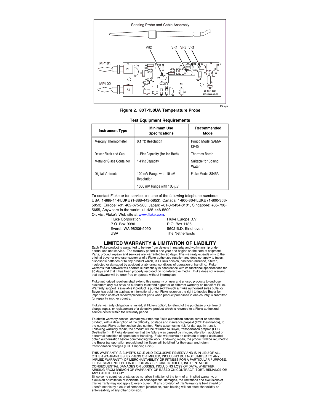 Fluke 80T-150UA instruction sheet Limited Warranty & Limitation of Liability, Test Equipment Requirements 