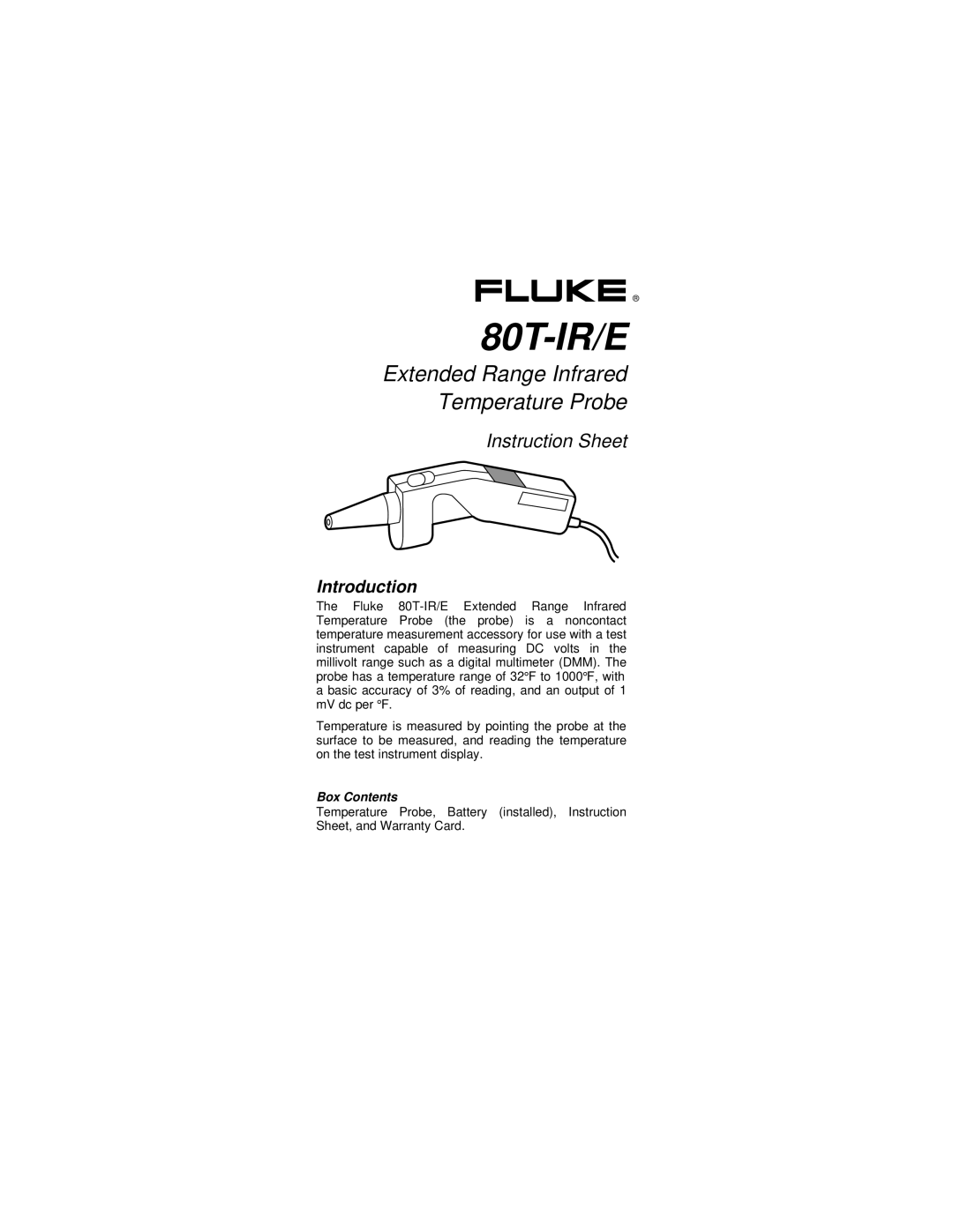 Fluke instruction sheet 80T-IR/E, Box Contents 