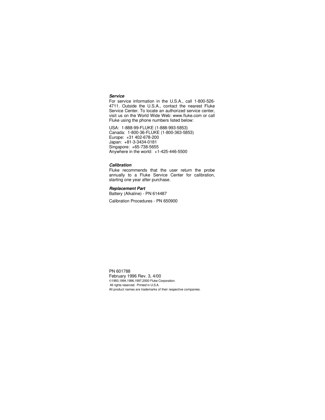 Fluke 80T-IR, E instruction sheet Service, Calibration, Replacement Part 