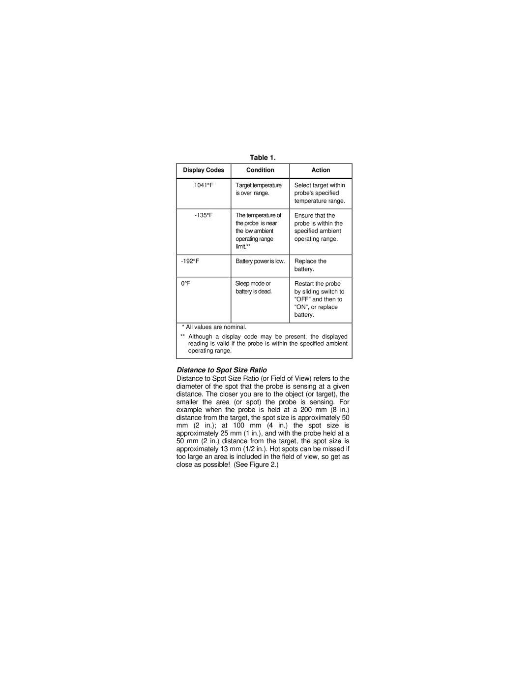 Fluke E, 80T-IR instruction sheet Distance to Spot Size Ratio, Display Codes Condition Action 