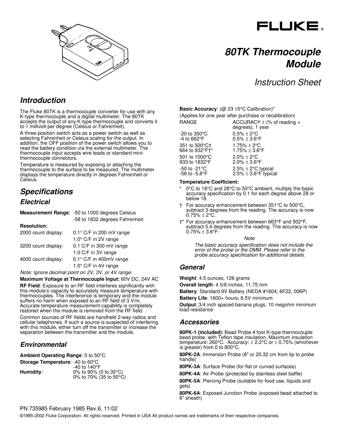 Fluke 80TK specifications Introduction, Specifications 