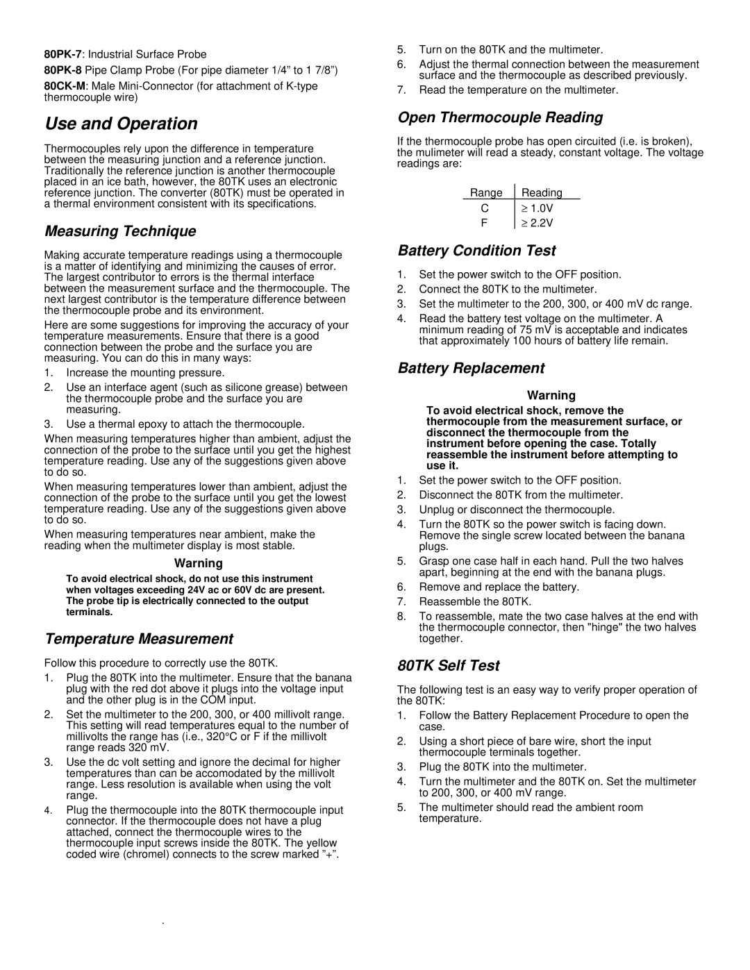 Fluke 80TK specifications Use and Operation 