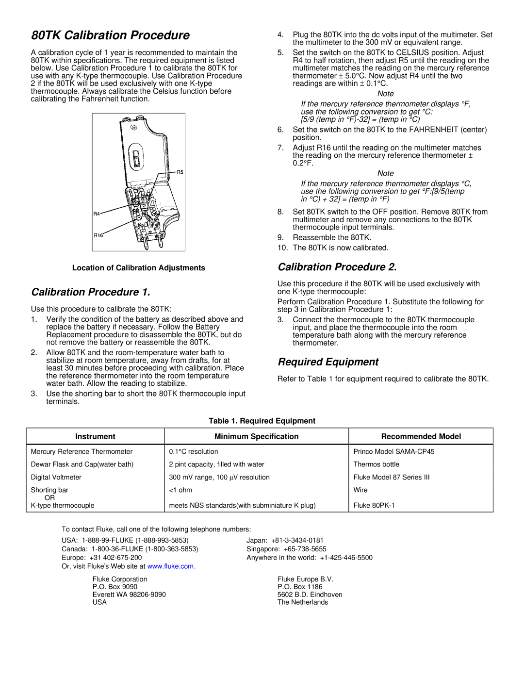 Fluke specifications 80TK Calibration Procedure, Required Equipment 