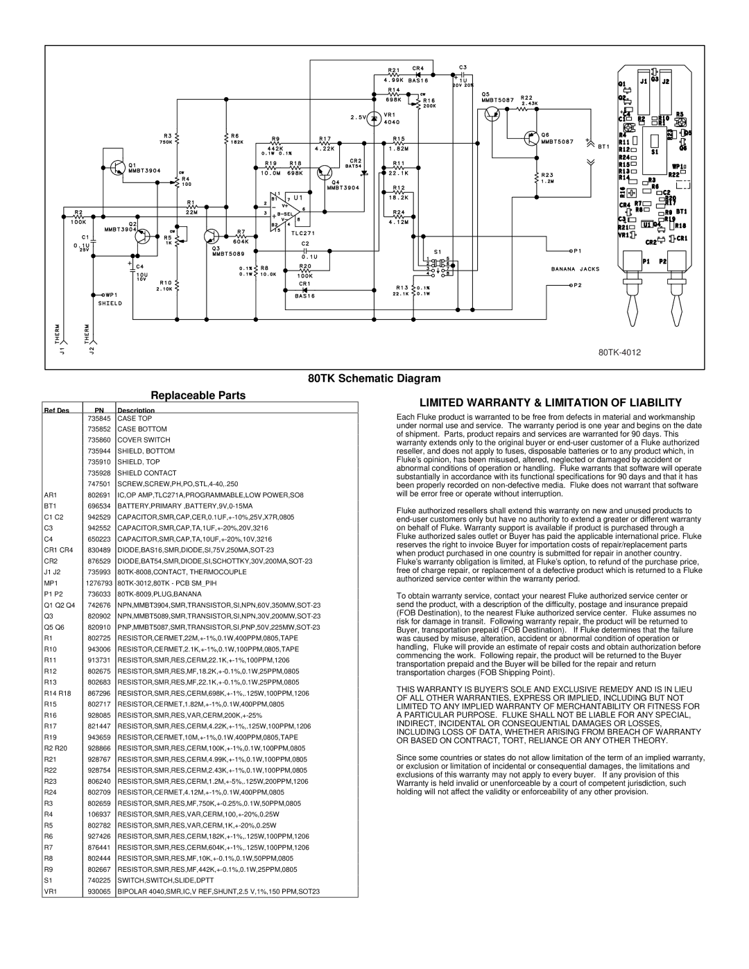 Fluke specifications 80TK Schematic Diagram, Replaceable Parts 