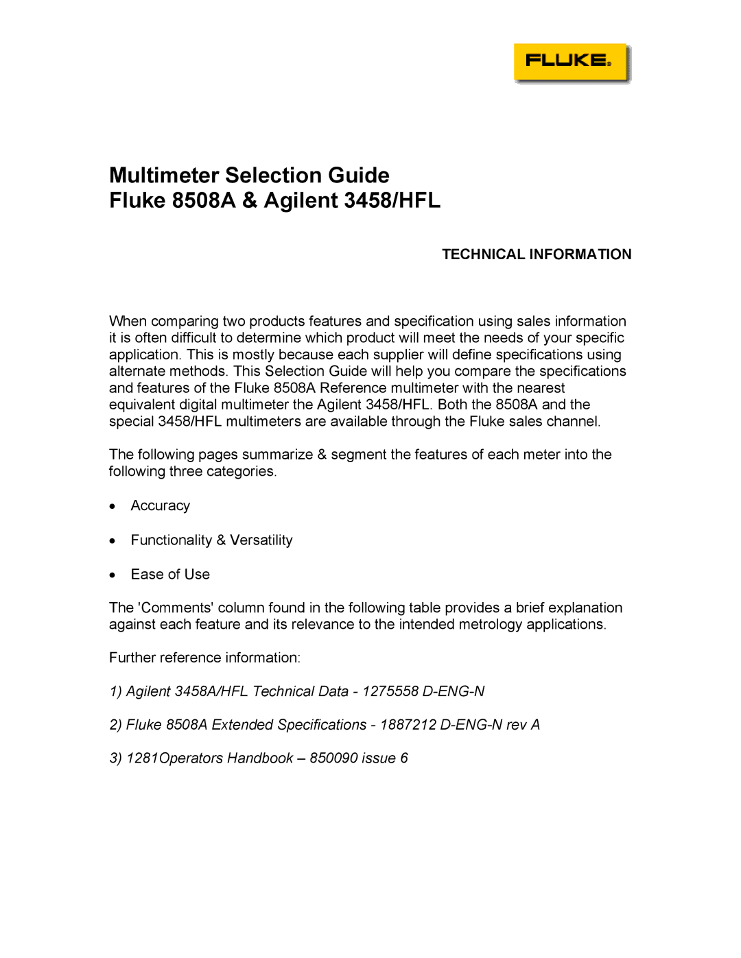 Fluke specifications Multimeter Selection Guide Fluke 8508A & Agilent 3458/HFL 