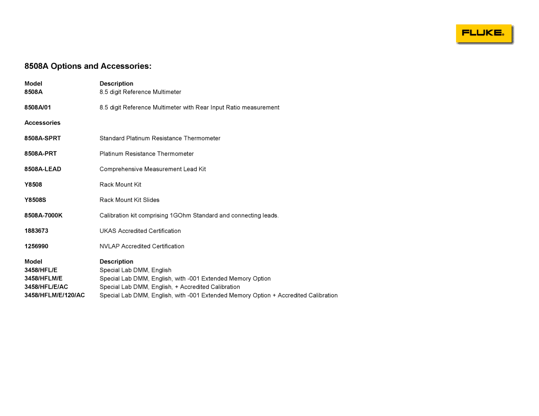 Fluke 3458/HFL specifications 8508A Options and Accessories 