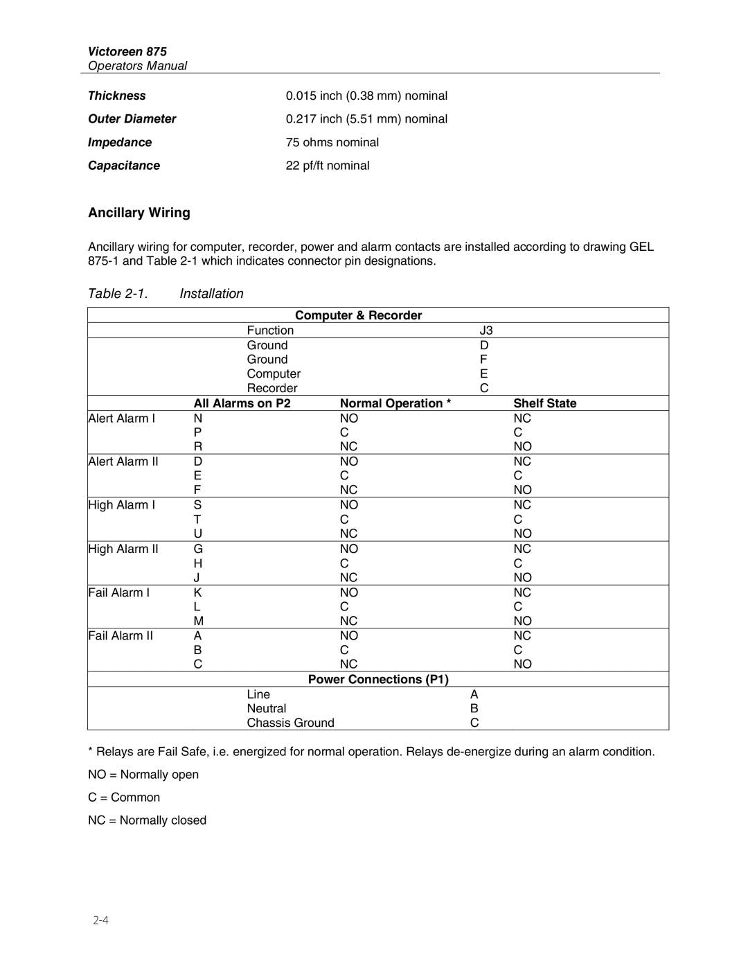 Fluke 875 manual Ancillary Wiring, Computer & Recorder, All Alarms on P2 Normal Operation Shelf State, Power Connections P1 