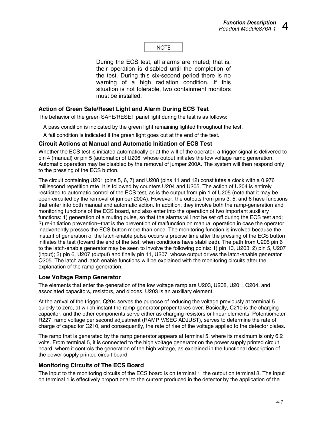 Fluke 875 manual Action of Green Safe/Reset Light and Alarm During ECS Test, Low Voltage Ramp Generator 