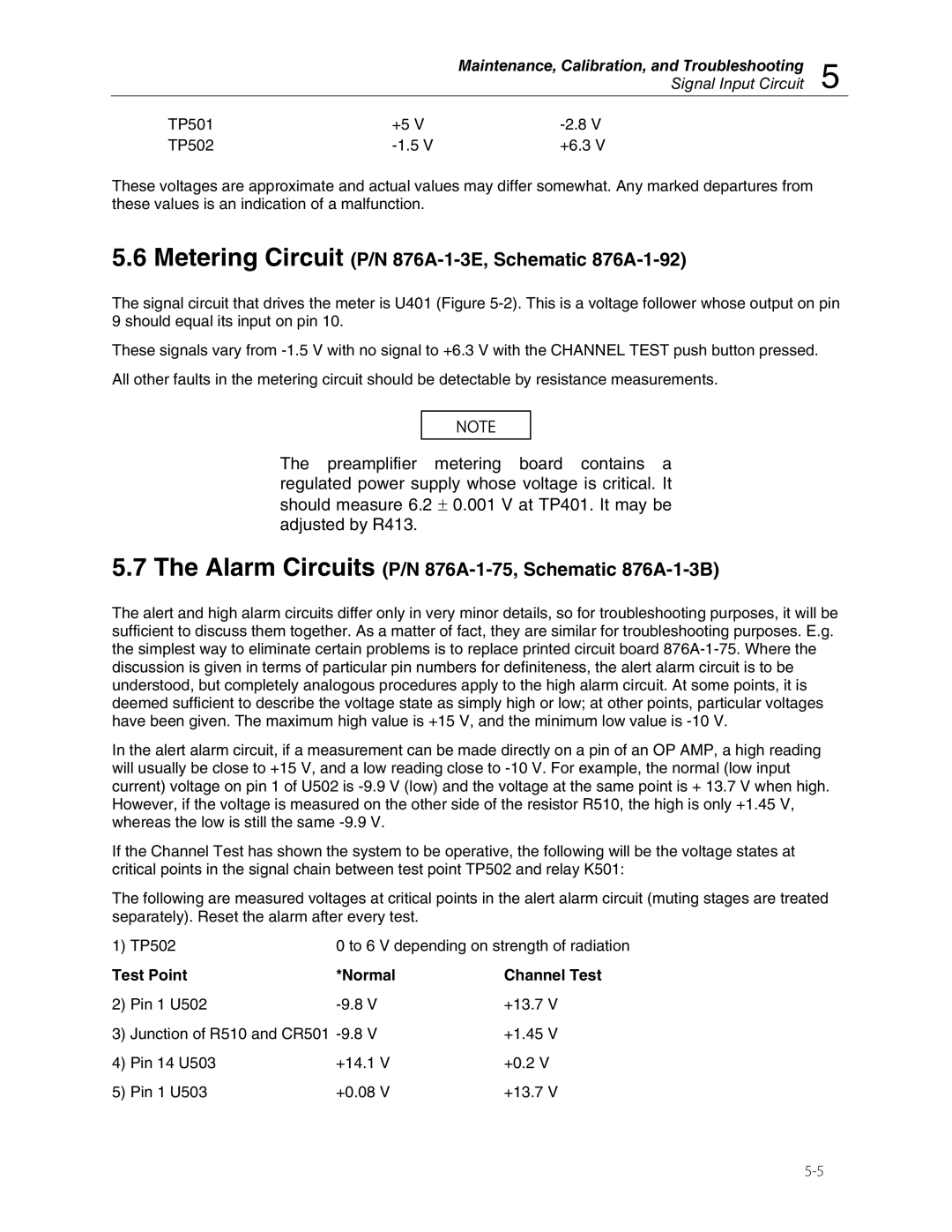 Fluke 875 manual TP501 TP502 +6.3, Test Point Normal Channel Test 