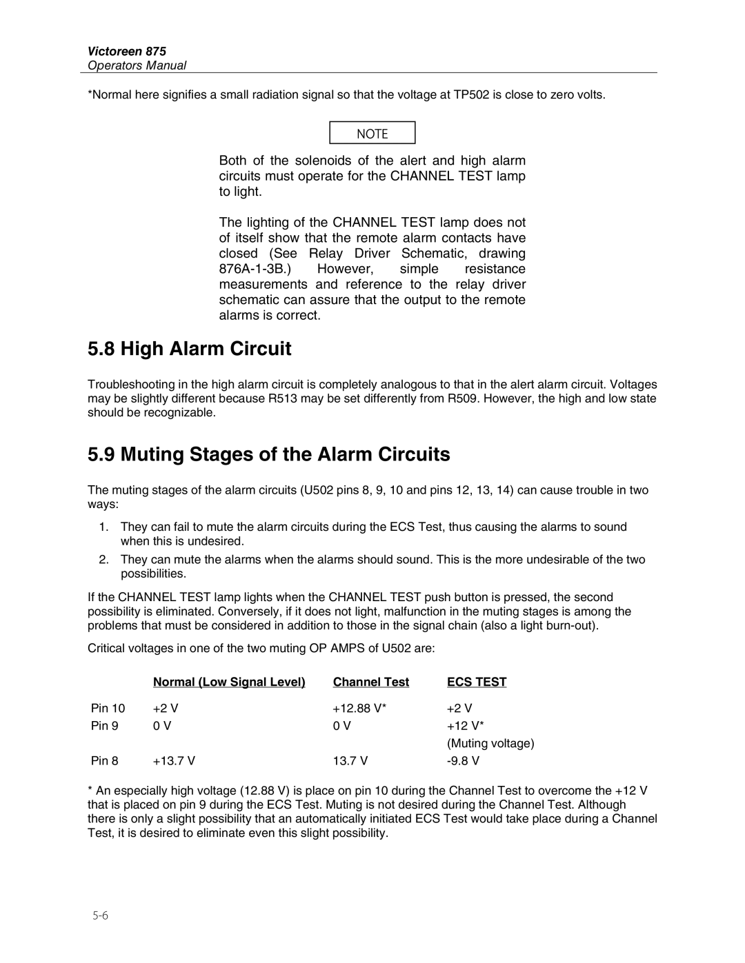 Fluke 875 manual High Alarm Circuit, Muting Stages of the Alarm Circuits, Normal Low Signal Level Channel Test 