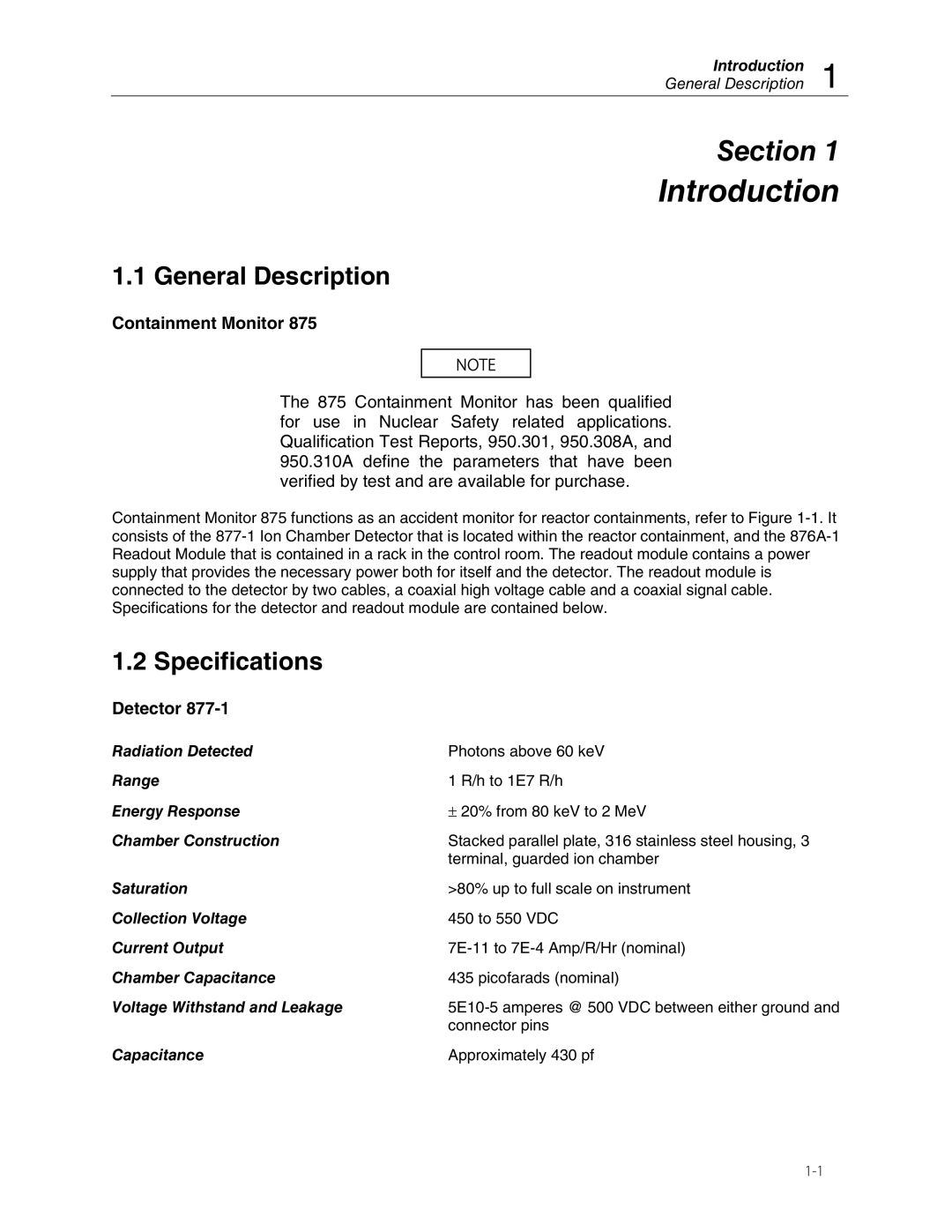 Fluke 875 manual Introduction, General Description, Specifications, Containment Monitor, Detector 