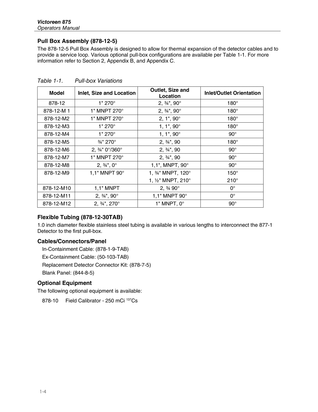Fluke 875 manual Pull Box Assembly, Flexible Tubing 878-12-30TAB, Cables/Connectors/Panel, Optional Equipment 