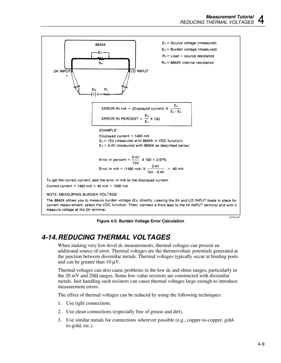 Fluke 8842a instruction manual Reducing Thermal Voltages, Burden Voltage Error Calculation 