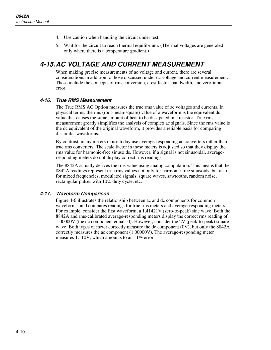 Fluke 8842a instruction manual AC Voltage and Current Measurement, True RMS Measurement, Waveform Comparison 