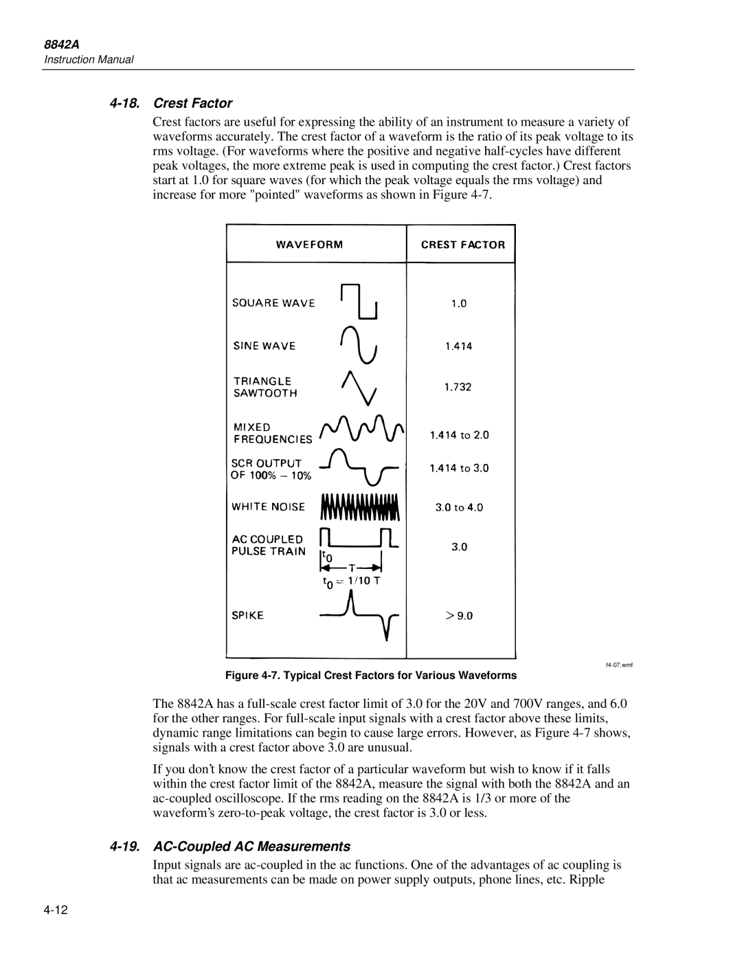 Fluke 8842a instruction manual Crest Factor, AC-Coupled AC Measurements 