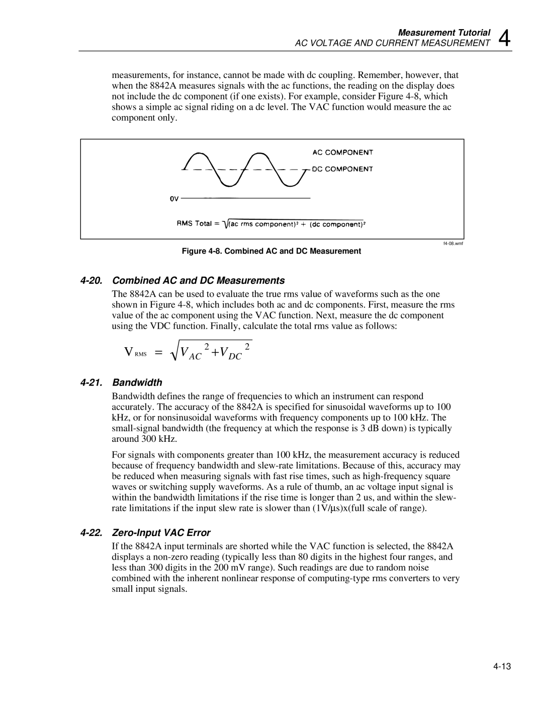 Fluke 8842a instruction manual Combined AC and DC Measurements, Bandwidth, Zero-Input VAC Error 