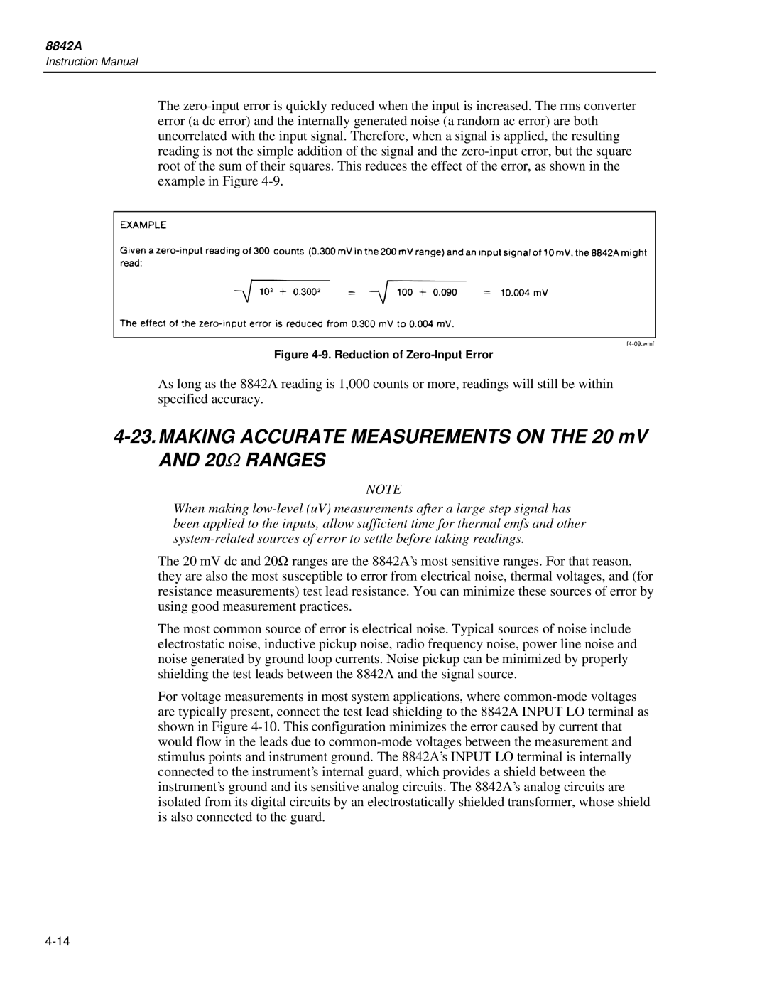 Fluke 8842a instruction manual 20Ω Ranges, Reduction of Zero-Input Error 