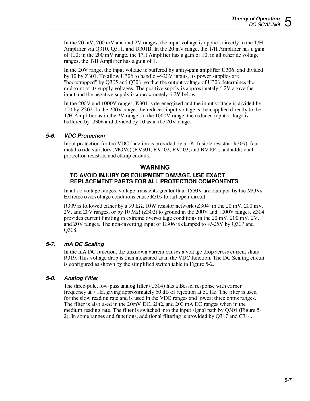 Fluke 8842a instruction manual VDC Protection, MA DC Scaling, Analog Filter 