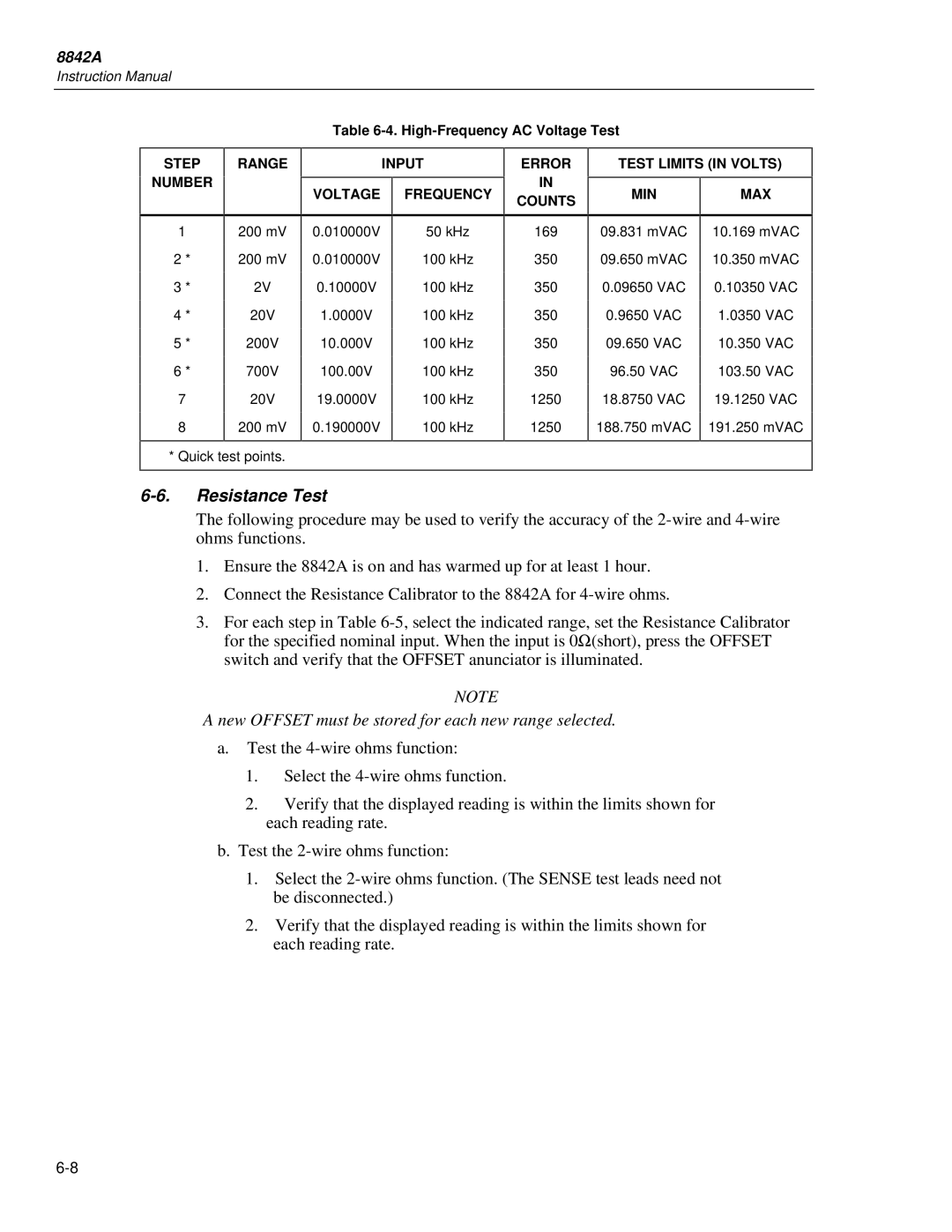 Fluke 8842a instruction manual Resistance Test, New Offset must be stored for each new range selected 