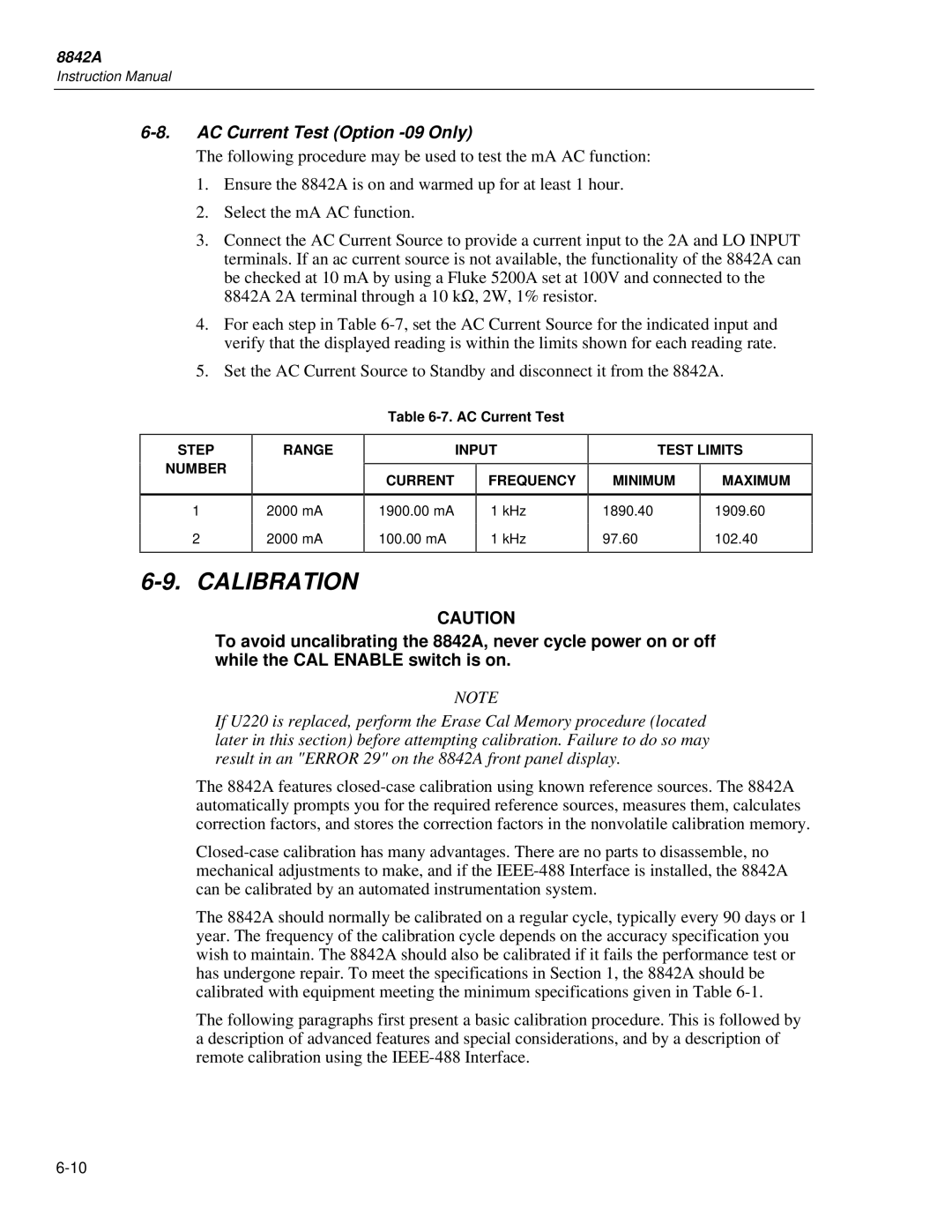 Fluke 8842a instruction manual Calibration, AC Current Test Option -09 Only, Step Number Range, Input Current Frequency 