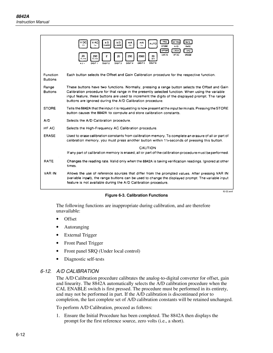 Fluke 8842a instruction manual 12. A/D Calibration, Calibration Functions 