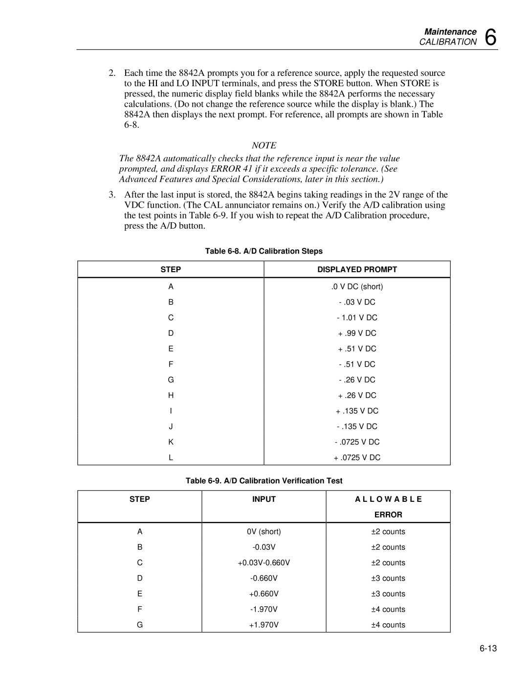 Fluke 8842a instruction manual Step Displayed Prompt, Step Input, L O W a B L E Error 