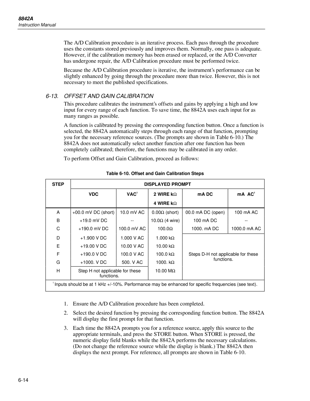 Fluke 8842a instruction manual Offset and Gain Calibration, Step, Displayed Prompt VDC VAC1 