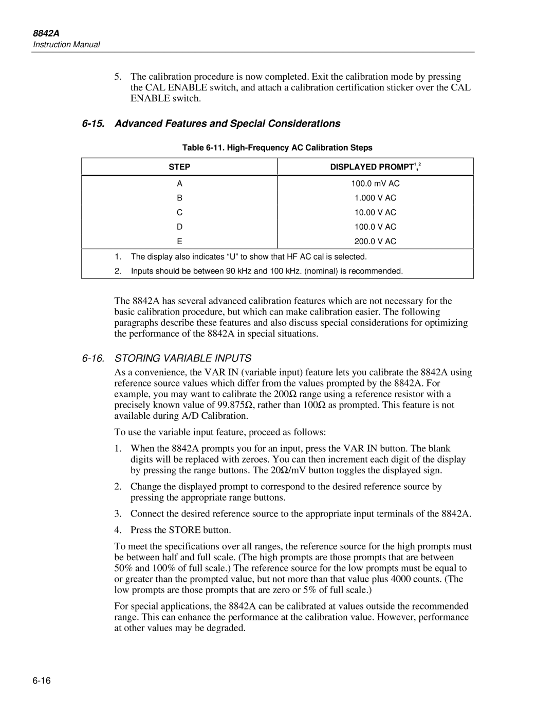 Fluke 8842a Advanced Features and Special Considerations, Storing Variable Inputs, Step Displayed PROMPT1,2 