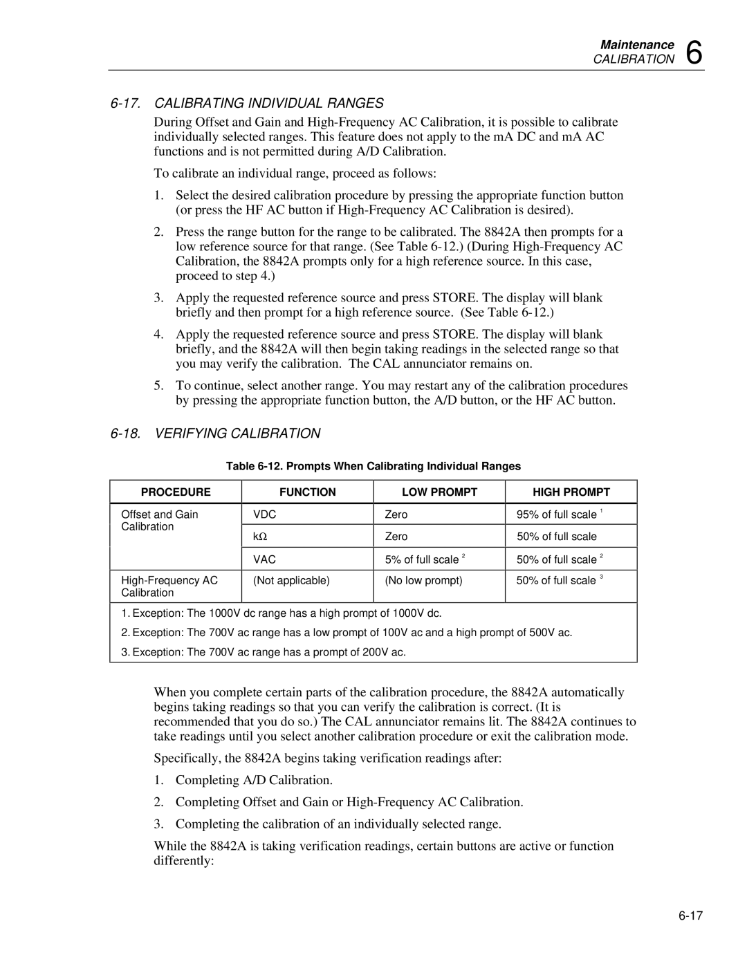 Fluke 8842a Calibrating Individual Ranges, Verifying Calibration, Procedure Function LOW Prompt High Prompt 