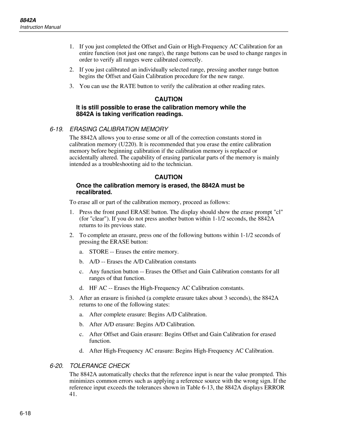 Fluke 8842a instruction manual Erasing Calibration Memory, Tolerance Check 