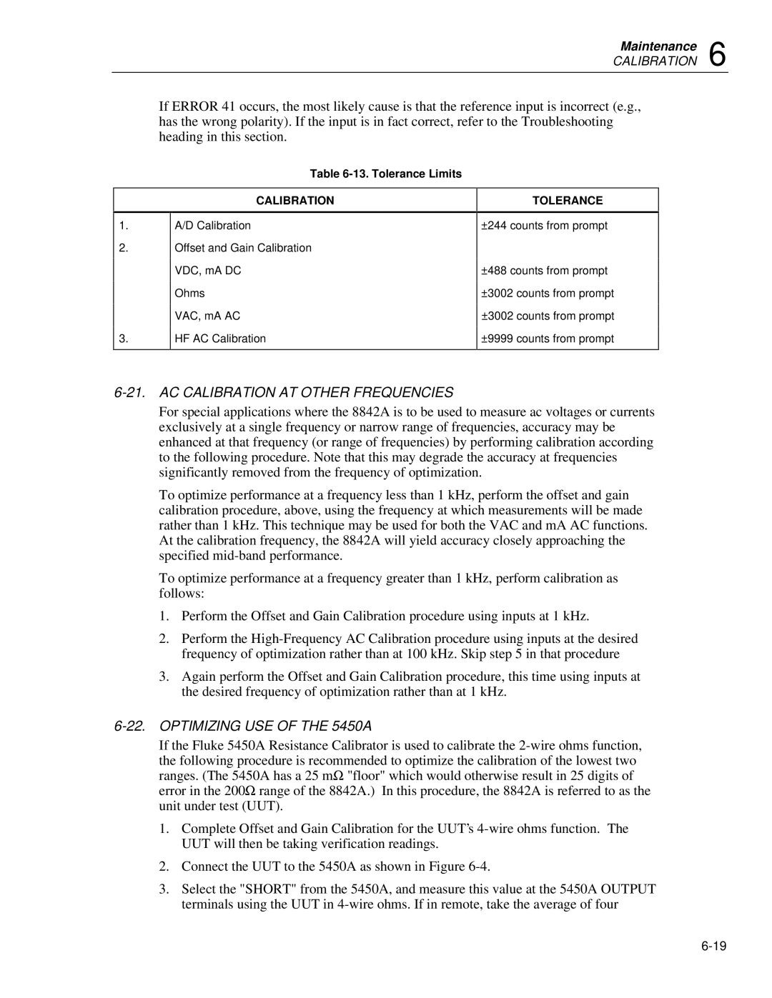 Fluke 8842a instruction manual AC Calibration AT Other Frequencies, Optimizing USE of the 5450A, Tolerance 