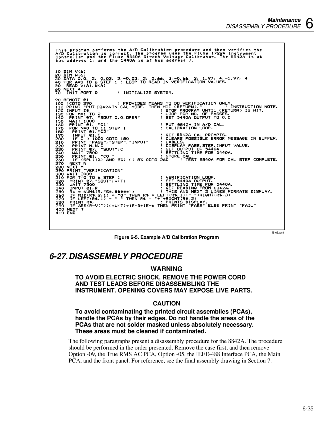 Fluke 8842a instruction manual Disassembly Procedure, Example A/D Calibration Program 