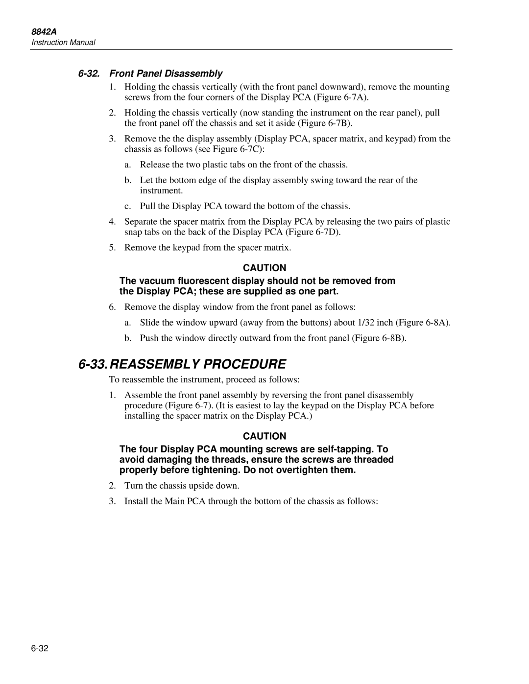 Fluke 8842a instruction manual Reassembly Procedure, Front Panel Disassembly 