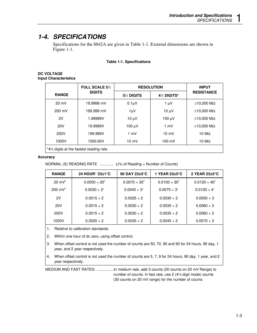 Fluke 8842a instruction manual Specifications 