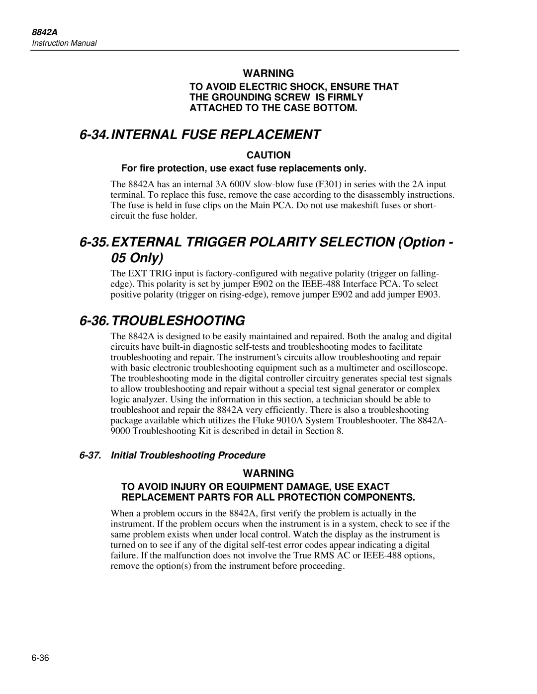 Fluke 8842a instruction manual Internal Fuse Replacement, Initial Troubleshooting Procedure 