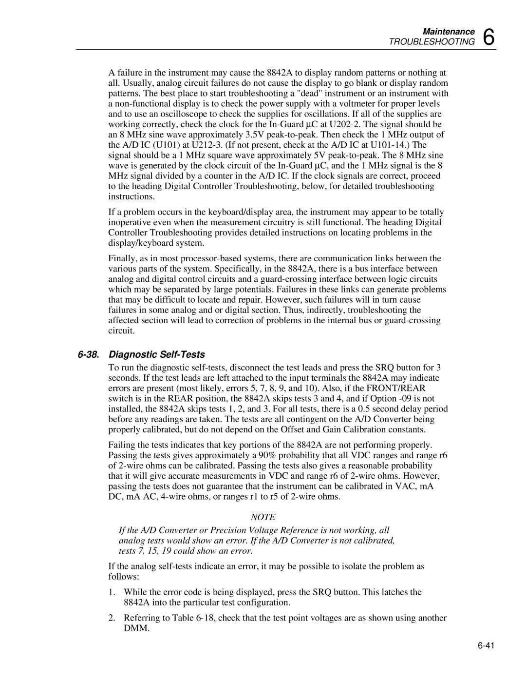 Fluke 8842a instruction manual Diagnostic Self-Tests 