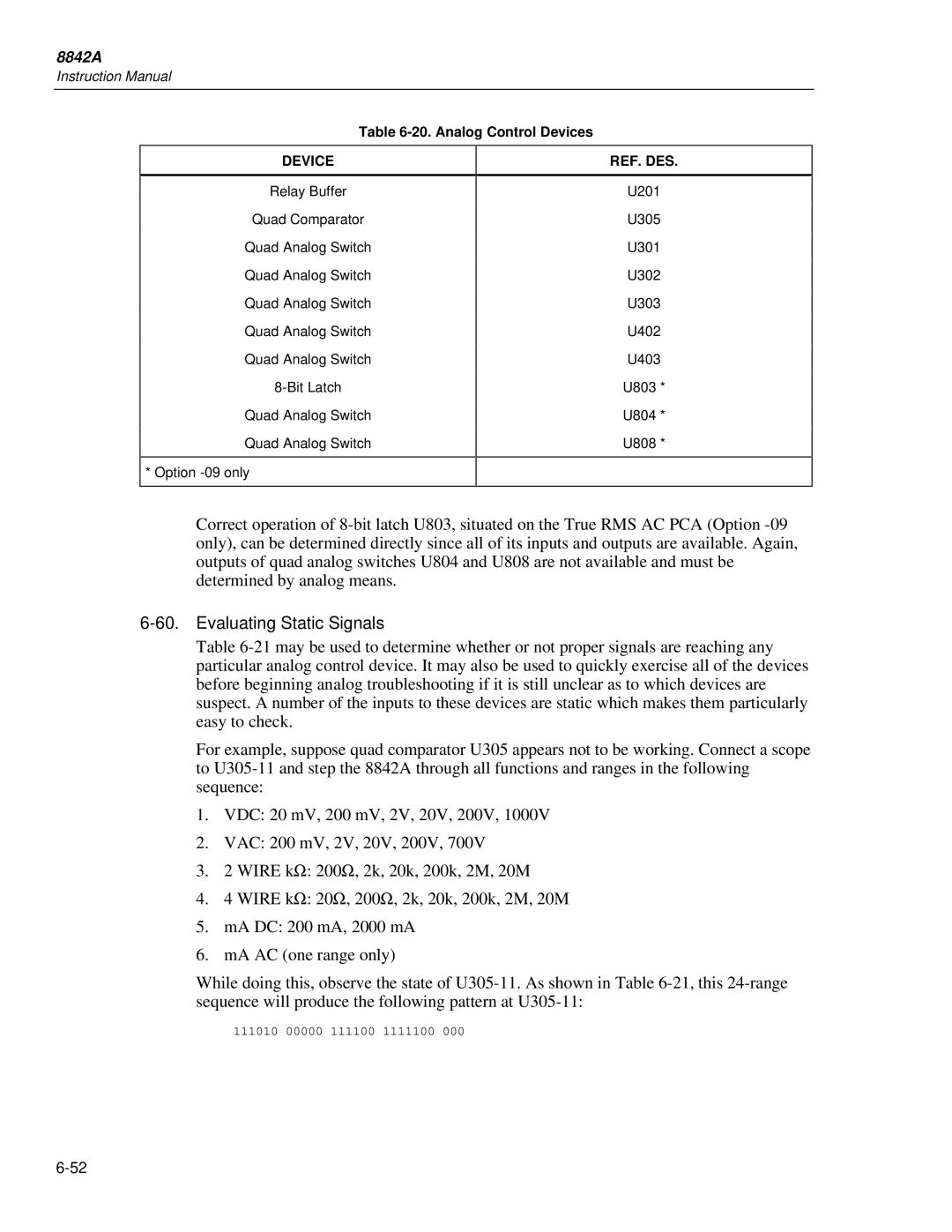 Fluke 8842a instruction manual Evaluating Static Signals, Device REF. DES 