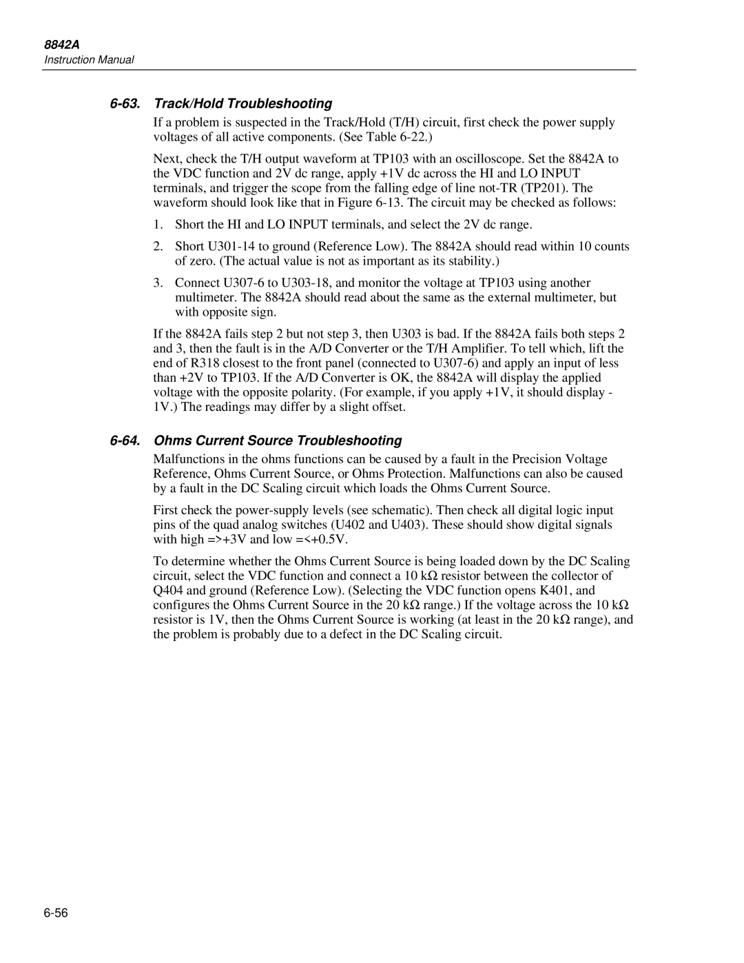 Fluke 8842a instruction manual Track/Hold Troubleshooting, Ohms Current Source Troubleshooting 