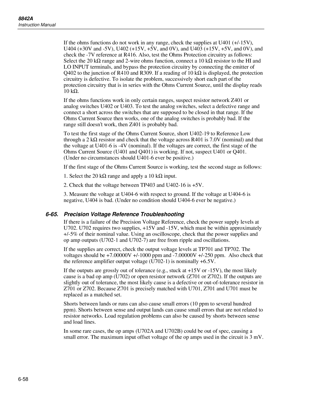 Fluke 8842a instruction manual Precision Voltage Reference Troubleshooting 