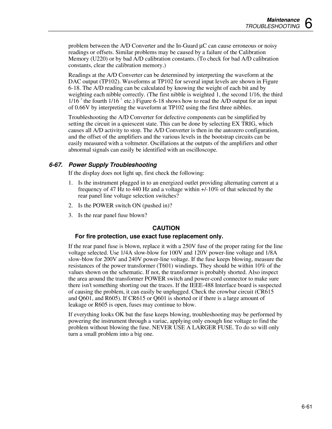 Fluke 8842a instruction manual Power Supply Troubleshooting, For fire protection, use exact fuse replacement only 