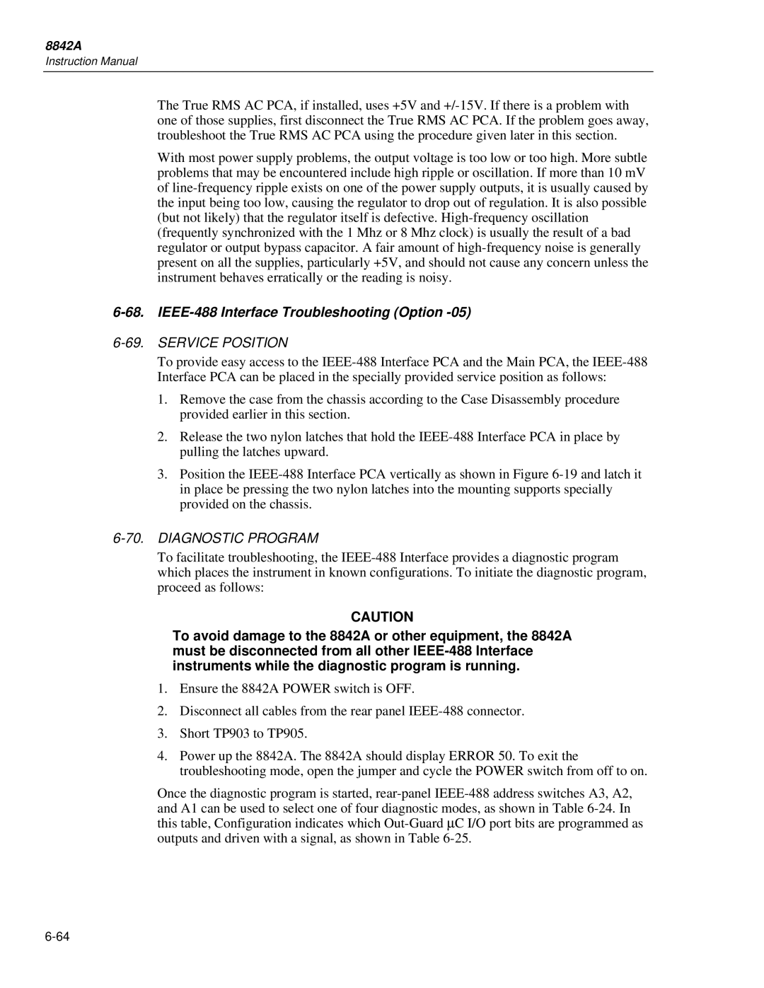 Fluke 8842a instruction manual IEEE-488 Interface Troubleshooting Option, Service Position, Diagnostic Program 