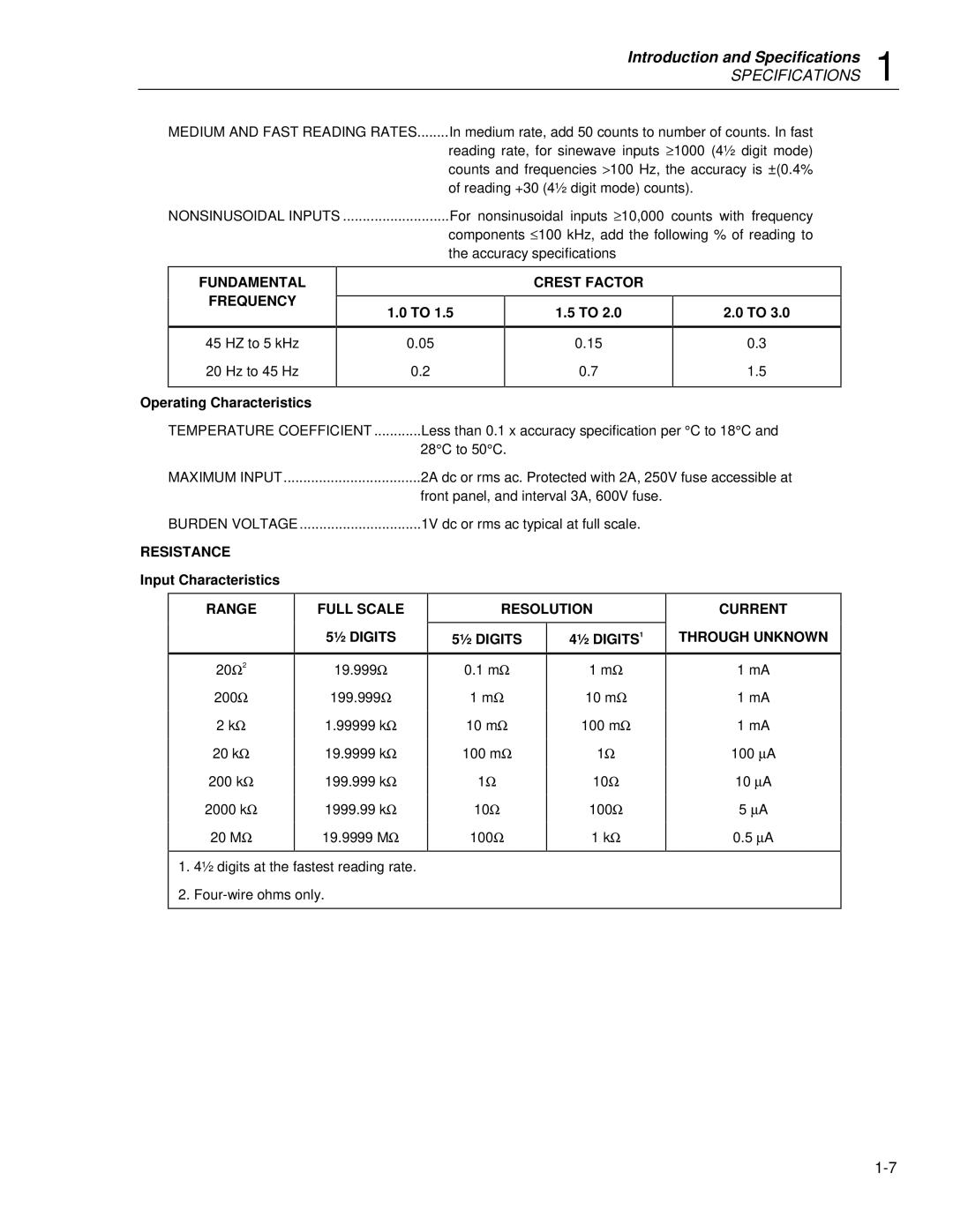 Fluke 8842a instruction manual Range Full Scale Resolution Current ½ Digits, Through Unknown 