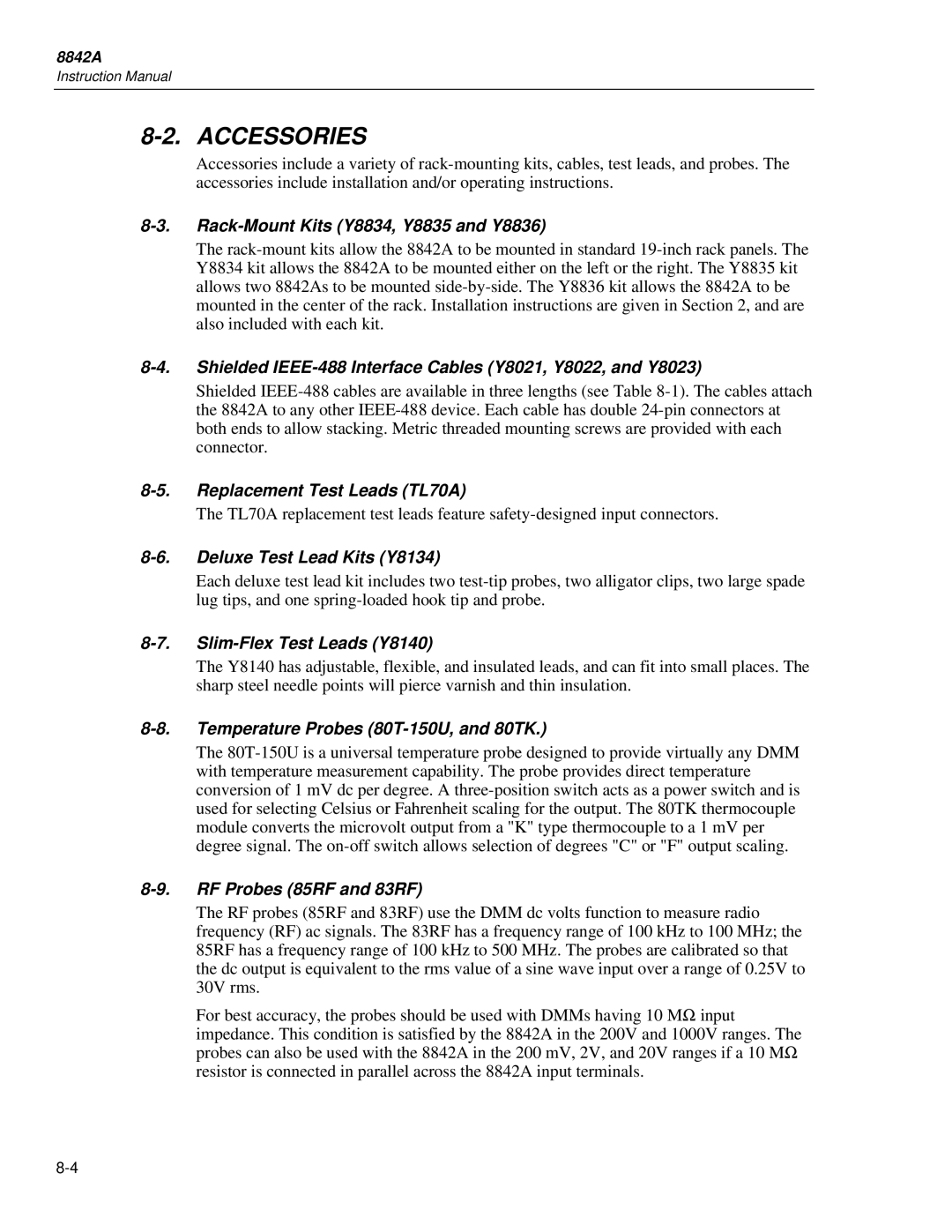 Fluke 8842a instruction manual Accessories 