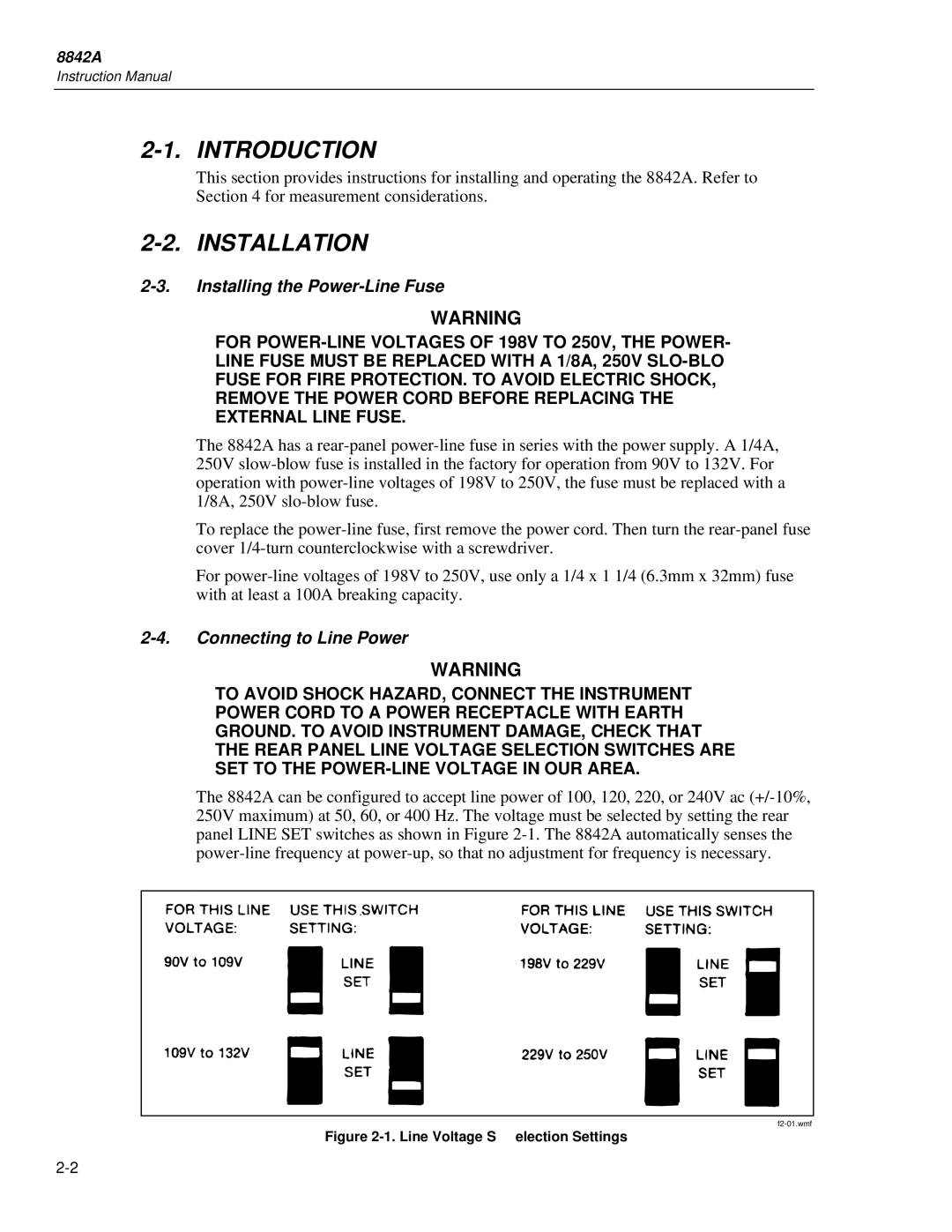 Fluke 8842a instruction manual Installation, Installing the Power-Line Fuse, Connecting to Line Power 