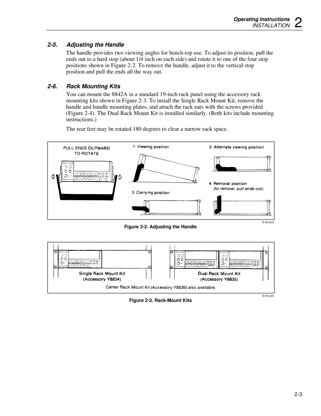 Fluke 8842a instruction manual Adjusting the Handle, Rack Mounting Kits 