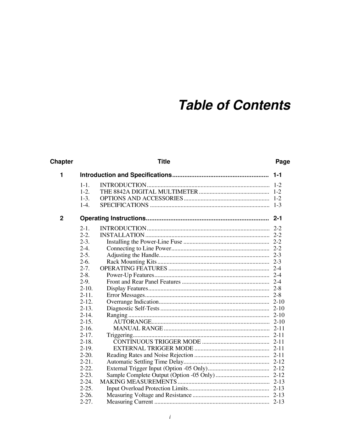 Fluke 8842a instruction manual Table of Contents 