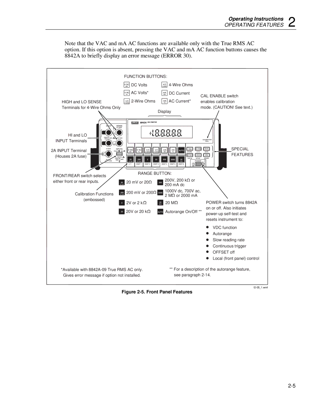 Fluke 8842a instruction manual Operating Features 